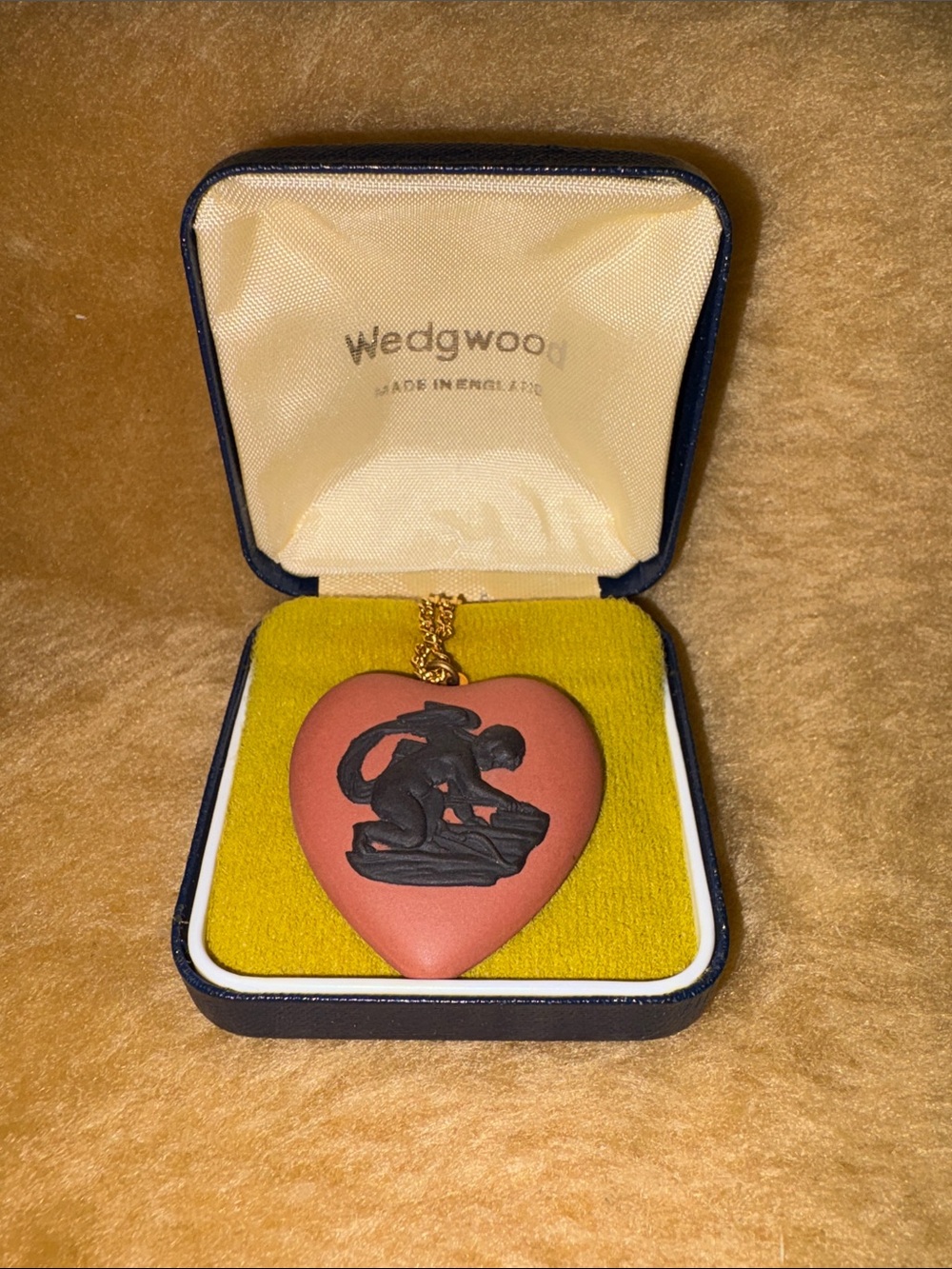 Wedgwood Red Jasperware Heart Pendant with Black Relief on Gold Chain